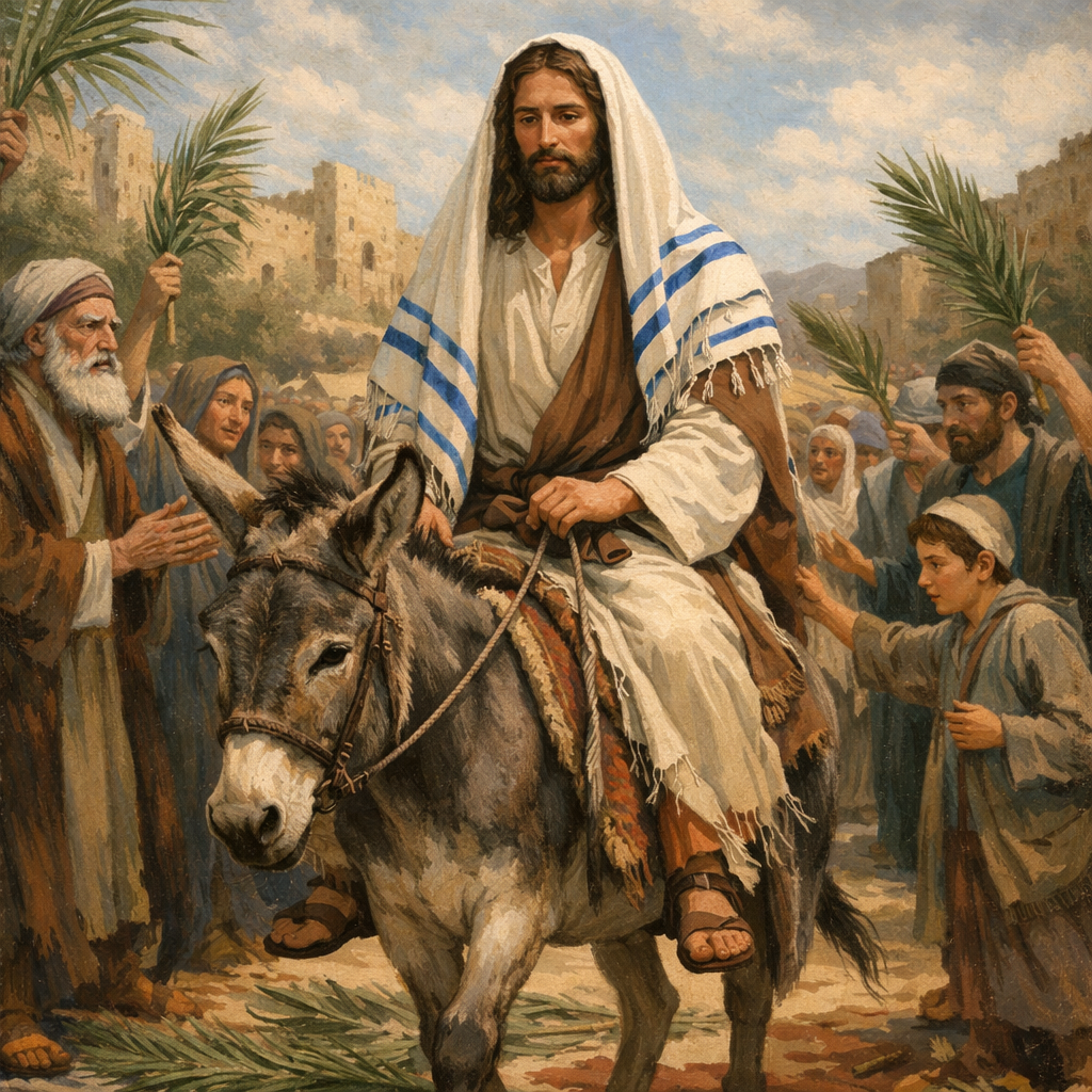 Jesus riding a donkey with people around holding palm branches
